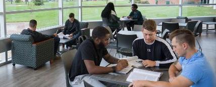 Students discuss coursework in a student lounge.